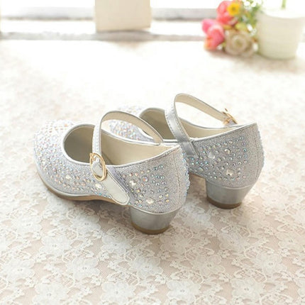 Girls High Heel Dress Shoes Princess Sparkle Rhinestone Mary Jane Faux Leather Shoes
