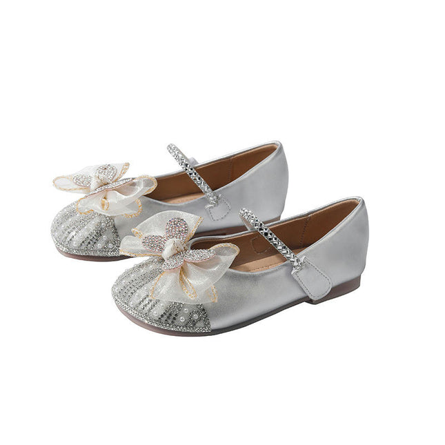 Flower Girl Rhinstones Bow Flats Wedding Party Faux Leather Shoes