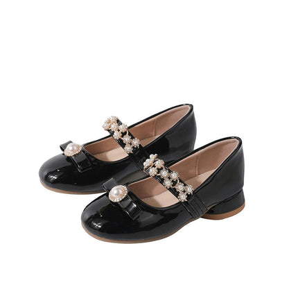 Girls Faux Leather Shoes Cute Pearl Bow Party Princess Shoes