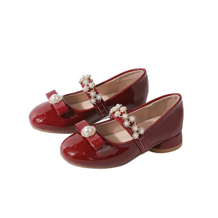 Girls Faux Leather Shoes Cute Pearl Bow Party Princess Shoes