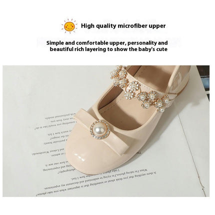 Girls Faux Leather Shoes Cute Pearl Bow Party Princess Shoes