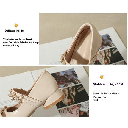 Girls Faux Leather Shoes Cute Pearl Bow Party Princess Shoes