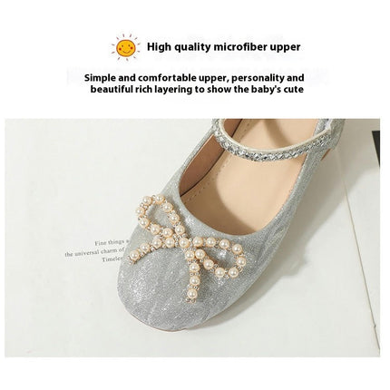 Little Girls Faux Leather Shoes Pearl Rhinestone Bowknot Party Wedding High Heels Shoes