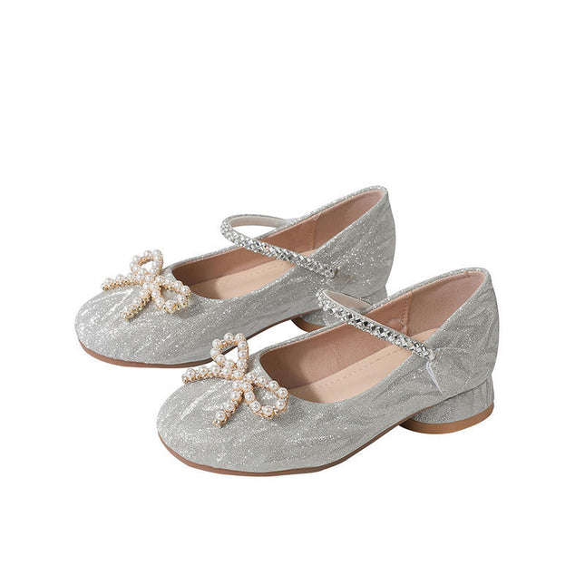 Little Girls Faux Leather Shoes Pearl Rhinestone Bowknot Party Wedding High Heels Shoes