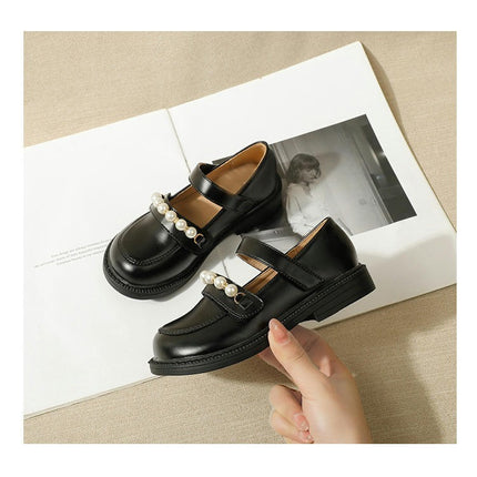 Girls Dress Shoes with Pearls Mary Jane Flower Girl Flats Faux Leather Shoes