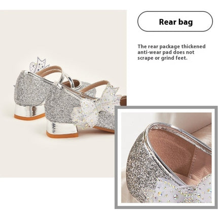 Girls Shiny Sequin Fashion Cute Bow Wedding Party Princess High Heels Faux Leather Shoes
