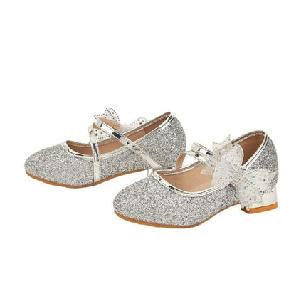 Girls Shiny Sequin Fashion Cute Bow Wedding Party Princess High Heels Faux Leather Shoes