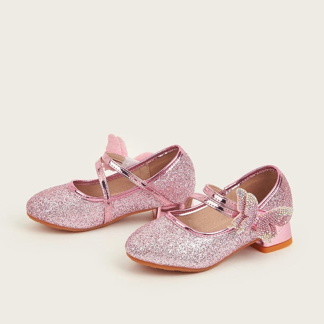 Girls Butterfly Wedding Party Block Heel Shiny Sequin Faux Leather Princess Shoes