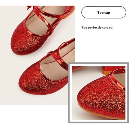 Girls Butterfly Wedding Party Block Heel Shiny Sequin Faux Leather Princess Shoes