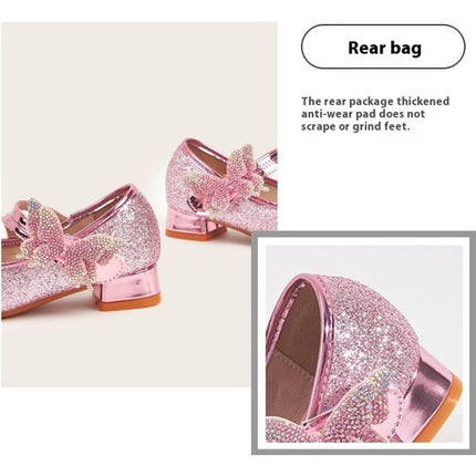 Girls Butterfly Wedding Party Block Heel Shiny Sequin Faux Leather Princess Shoes