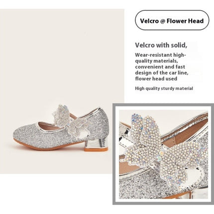 Girls Butterfly Wedding Party Block Heel Shiny Sequin Faux Leather Princess Shoes