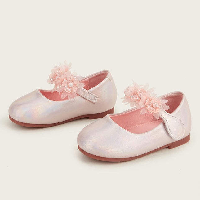 Girls Faux Leather Shoes Low Heel Flower Wedding Party Dress Shoes