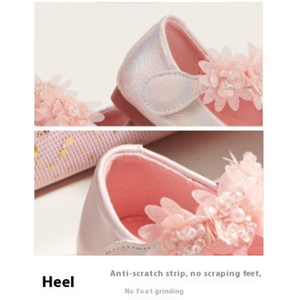 Girls Faux Leather Shoes Low Heel Flower Wedding Party Dress Shoes