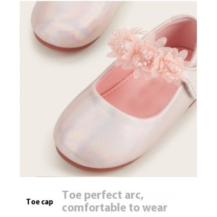 Girls Faux Leather Shoes Low Heel Flower Wedding Party Dress Shoes