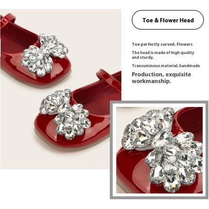Low Heel Girls Dress Shoes Cute Crystal Bow Sparkle Faux Leather Shoes