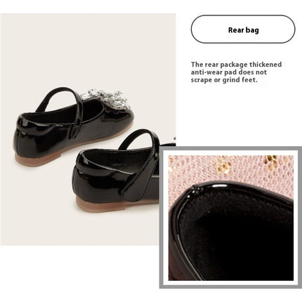 Low Heel Girls Dress Shoes Cute Crystal Bow Sparkle Faux Leather Shoes