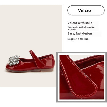 Low Heel Girls Dress Shoes Cute Crystal Bow Sparkle Faux Leather Shoes
