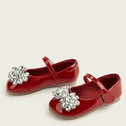 Low Heel Girls Dress Shoes Cute Crystal Bow Sparkle Faux Leather Shoes