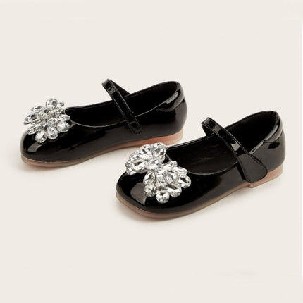 Low Heel Girls Dress Shoes Cute Crystal Bow Sparkle Faux Leather Shoes