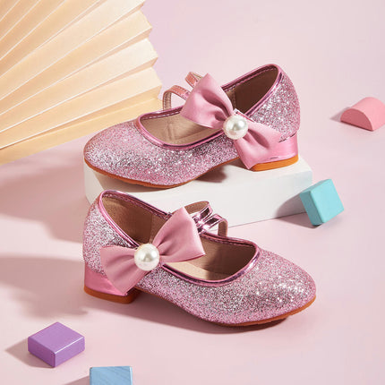 Girls Dress Shoes High Heel Bow Wedding Party Glitter Faux Leather Princess Shoes