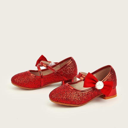 Girls Dress Shoes High Heel Bow Wedding Party Glitter Faux Leather Princess Shoes