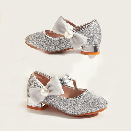 Girls Dress Shoes High Heel Bow Wedding Party Glitter Faux Leather Princess Shoes