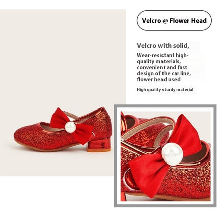 Girls Dress Shoes High Heel Bow Wedding Party Glitter Faux Leather Princess Shoes
