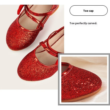 Girls Dress Shoes High Heel Bow Wedding Party Glitter Faux Leather Princess Shoes