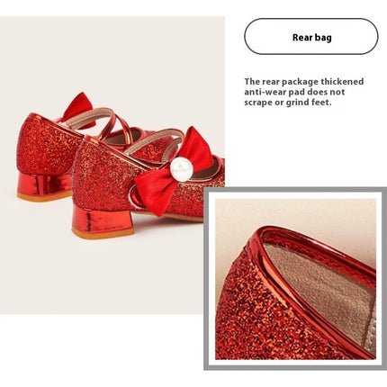 Girls Dress Shoes High Heel Bow Wedding Party Glitter Faux Leather Princess Shoes