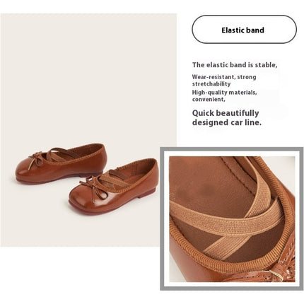 Girls Round Toe Flat Elastic Strap Comfortable Flats Faux Leather Princess Shoes