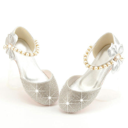 Girl Rhinestone Shiny Bowknot Faux Leather Princess Dress Shoes Crystal High Heels