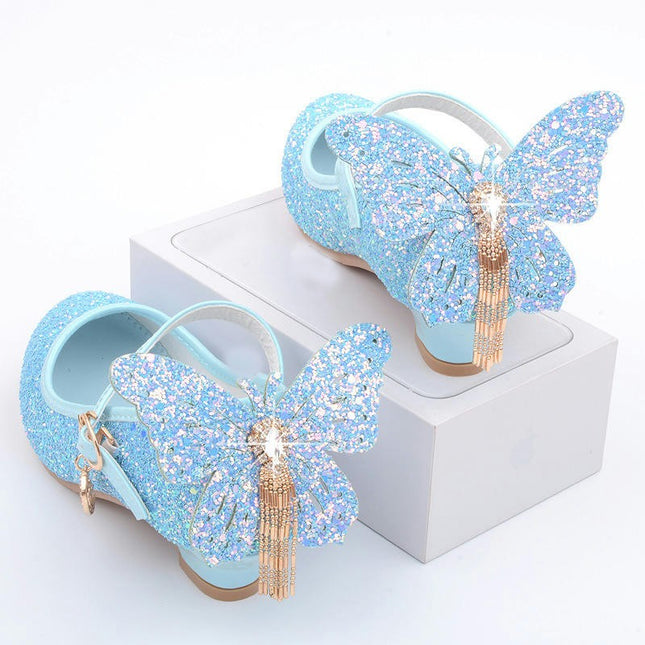 Little Girls High Heels Crystal Bling Butterfly Faux Leather Princess Shoes