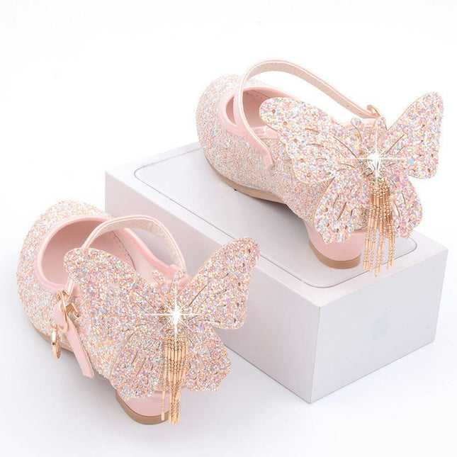 Little Girls High Heels Crystal Bling Butterfly Faux Leather Princess Shoes