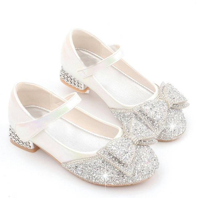 Girls Faux Leather Princess Shoes Sequins Sweet Bows High Heel Wedding Party Dress Shoes