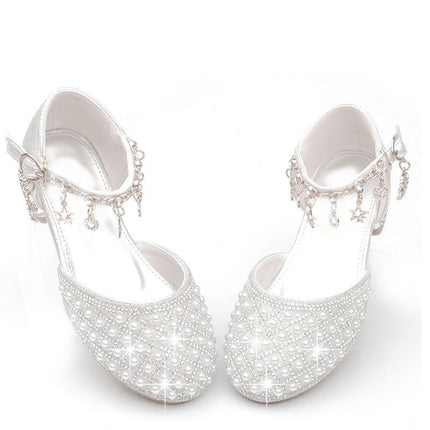 Girls Princess Shoes Sweet Pearl High Heel Wedding Party Faux Leather Shoes