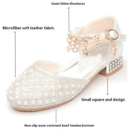 Girls Princess Shoes Sweet Pearl High Heel Wedding Party Faux Leather Shoes