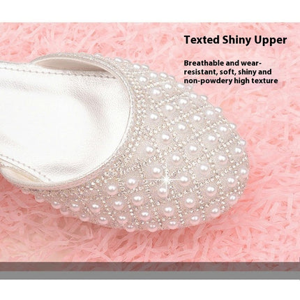 Girls Princess Shoes Sweet Pearl High Heel Wedding Party Faux Leather Shoes