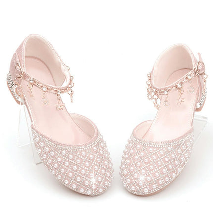 Girls Princess Shoes Sweet Pearl High Heel Wedding Party Faux Leather Shoes