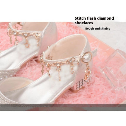 Girls Princess Shoes Sweet Pearl High Heel Wedding Party Faux Leather Shoes