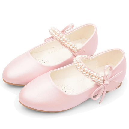 Girls Faux Leather Mary Jane Princess Shoes Pearl Bow Flat Bottom Dress Shoes