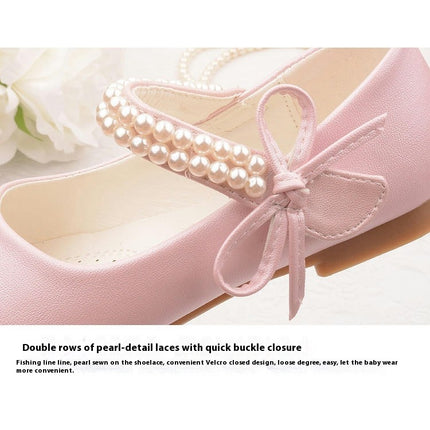 Girls Faux Leather Mary Jane Princess Shoes Pearl Bow Flat Bottom Dress Shoes