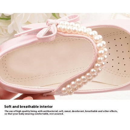 Girls Faux Leather Mary Jane Princess Shoes Pearl Bow Flat Bottom Dress Shoes