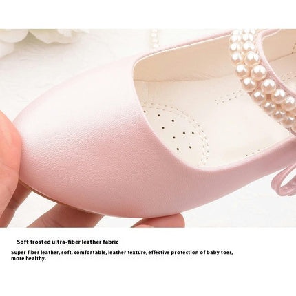 Girls Faux Leather Mary Jane Princess Shoes Pearl Bow Flat Bottom Dress Shoes