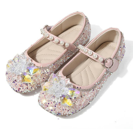 Faux Leather Shoes with Low Heel Rhinestones Princess Flat Glitter Flower Dress Shoes