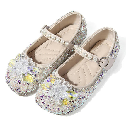 Faux Leather Shoes with Low Heel Rhinestones Princess Flat Glitter Flower Dress Shoes