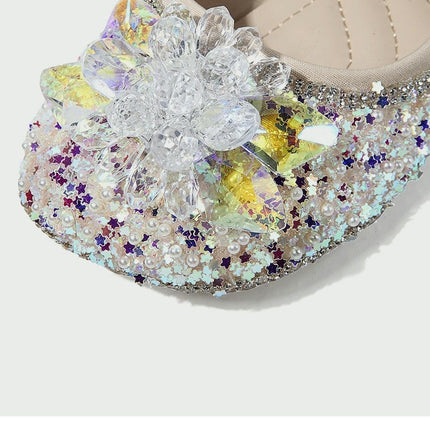 Faux Leather Shoes with Low Heel Rhinestones Princess Flat Glitter Flower Dress Shoes