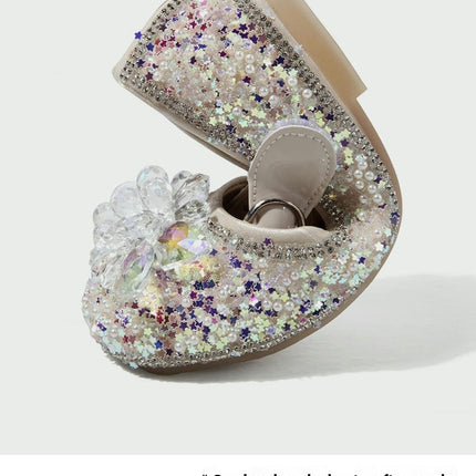 Faux Leather Shoes with Low Heel Rhinestones Princess Flat Glitter Flower Dress Shoes