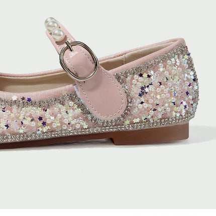 Faux Leather Shoes with Low Heel Rhinestones Princess Flat Glitter Flower Dress Shoes