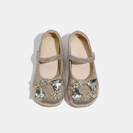 Girls Vintage Rhinestone Studded Wedding Party Flat Faux Leather Princess Shoes