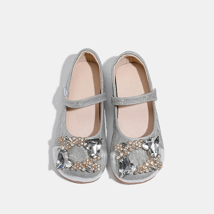 Girls Vintage Rhinestone Studded Wedding Party Flat Faux Leather Princess Shoes